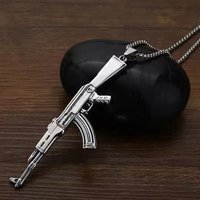 Mens 30 Inch Stainless Steel Huge Large AK 47 Gun Pendant Necklace Chain Punk Retro Vintage Cool Father’s Day Dad Gift