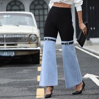 fashionable slim knitted denim spliced elastic waist wide leg casual pants temperament commuting large outfit