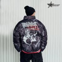 Clothing Club American style dark bear graffiti print loose cotton jacket high street hip hop couple bread coat