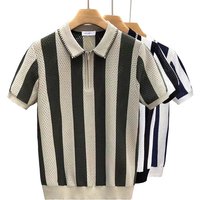 Men's Summer Striped Color Blocked Collared Short Sleeve T-Shirt Trendy Casual Knitted Polo Shirt
