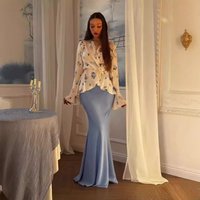 Muslim Dress Women Elegant Satin Floral Top & Mermaid Tail Skirt Set – Long Sleeve, Ruffled Hem, Blue Floral Print (S-Xxl)