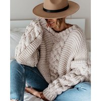 Solid Pullover V neck Twist Loose Sweater Casual Knitwear