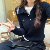  Cotton Embroidered Polo Neck Knit Top Elegant Lazy Fit Sweater Autumn Winter