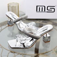 Aesthetic Gold High One Word Slipper 2024 Summer New Fashion Thick Irregular Metal High Heel External Wear Sandal