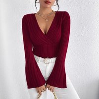 Women's Clothing Flared Sleeve V-Neck Ribbed Tee - Elegant Stretch Polyester Top For Women (S-XL)
