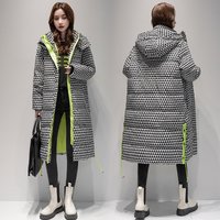  Long Plaid Puffer Coat Hood Thickened Knee Length Quilted Down Jacket Winter Oversized Casual Parka
