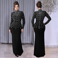Clothing Elegant Long Sleeve Beaded & Crystal Embellished Bodycon Dress – High Neck Line Hem Glamorous Evening & Office Wear