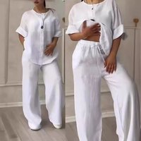 Breathable Linen Cotton Wide Leg Pants Set Long Sleeve Top Relaxed Fit Boho Chic Outfit