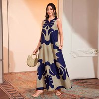 Women's Clothing retro casual printed long skirt V-neck sleeveless