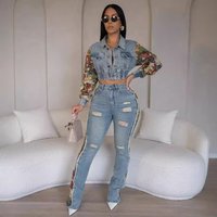 Clothing retro jeans stitching 2 piece set fashionable side lace suit
