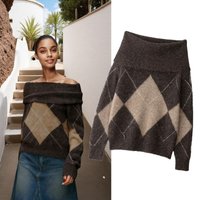 Off Shoulder Diamond Knit Sweater – Trendy One Shoulder Pullover 