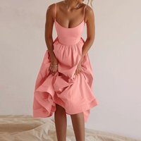 2025 European American Dress Spring Summer Solid Sexy U neck Waist Pleated Suspender Big Swing Dress