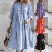Clothing V Neck Dress Mid Length Loose Version Cotton Linen Blend Half Sleeve Three Button Pocket Detail Style