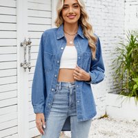 Vintage Wash Denim Shirt For Women – Distressed Loose Fit Long Sleeve Button-Up Top With Snap Buttons (Light Blue & Dark Blue)