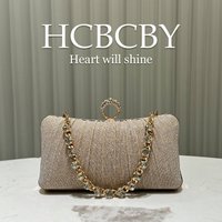 Champagne Color Shiny Pleated Elegant Small Handbag Gorgeous Rhinestone Chain Clutch Bag Ladies Fashion Temperament Evening Bag