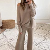 Women's Clothing solid color round neck long sleeved casual two piece suit