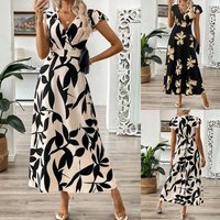 Women's Clothing Floral Print V-Neck Ruffle Hem Dress – Elegant Stretch Midi Dress In Black & Beige (S-XL)