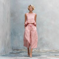 Summer Linen Blend Two Piece Set European American Style Ruffled Trim Stock Cross Border Independent Website