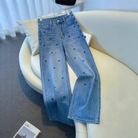 High Waisted Wide Leg Jeans Light Blue Denim Heart Embroidery & Sparkly Rhinestones Casual Straight Pants Daily & Party