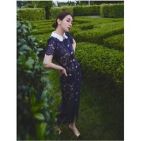 Women's Lapel Single-breasted Flower Hollow Lace Elegant Temperament Intellectual Dress Long Dress