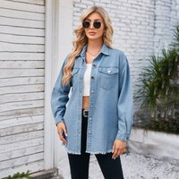 Women's Clothing Washed Raw Edge Denim Long Sleeved Lapel Top