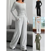 Autumn Winter High Neck Knit Sweater & Lounge Pants Set – Soft Polyester Spandex Blend Loose Fit Casual Elegance