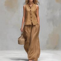 Effortless Cotton Linen Lounge Set – V Neck Vest & Wide Leg Pants Breathable Two Piece Outfit Summer
