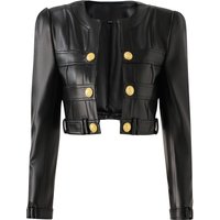PU leather stitching small round neck shoulder pad cardigan high street style small coat top temperament small jacket