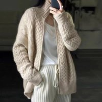 Women's Thick Knitted Cardigan With High Neck - Loose Fit Casual Pullover Sweater For Autumn Winter, Solid Color Polyester Blend