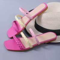 Plus Size Flat Woven Square Toe Women's Sandals Summer Color Block Casual Slip-On Shoes