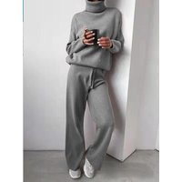 Women's turtleneck solid color splicing knitted two-piece set