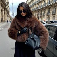Streetwear Faux Fox Fur Jacket – Women’s Cropped Notch Lapel Coat (S/M/L, Vegan, Button Closure, Coffee & Black, Machine Washable)