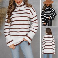 Knitted Pullover Crew Neck Cotton Commuter Striped Plus Split Sweater