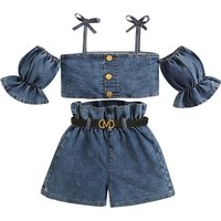 Mother & Clothing Clothes Halter Pinched Lantern Sleeves Single Breasted Cardigan Top High Waist Belt Shorts