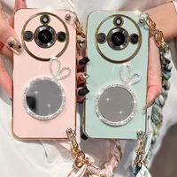 Cute Rabbit Mirror Silk Lanyard Wristband Case For Realme 11 10 9 9i 8 8i C55 C53 C35 C33 C31 C30S C21Y C21 Narzo 50A