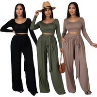 Solid Long sleeved Autumn Winter Wide leg Two piece Set