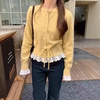 Women's Clothing Elegant Korean-Style Lace Trim Belted Cardigan For Women - Soft & Cozy Knit Sweater With Waist Tie, Floral Embroidery, Long Sleeve