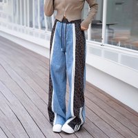 Clothing fashion brand personalized design splicing leopard print jeans autumn retro contrast straight trousers