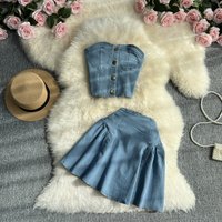 Sweet Cool Hot Girl Suit Skirt Women's Summer Short Denim Tube Bra Vest Top Two-piece Set High Waist A-Line Skirt