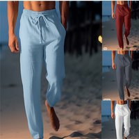 2025 Summer Solid Drawstring Straight Casual Trousers Breathable Linen Pockets Beach Pants Male Daily Sport Joggers Pants