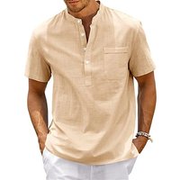 Men's Clothing Men's Cotton And Linen Short Sleeved Pullover Shirt Large Size Solid Color Stand Collar Home Youth Loose Shirt Cross Border