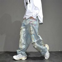 Men's Heavy Duty Distressed Wide Leg Jeans Hand Painted Graffiti Ripped American High Street Style Wide Leg Pants