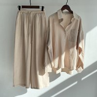 Spring Summer Linen Cotton Loose Fit Two Piece Set Long Pants & Shirt Casual Outfit Plus Retro Style Comfortable Travel Wear