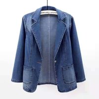  Slim Fit Denim Blazer Jacket Notched Lapel Single Button Open Front Casual Spring Autumn Coat