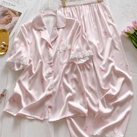 Bamboo Viscose Lace Trimmed Sleepwear Set Short Sleeve Top Long Pants Comfortable Breathable Loungewear