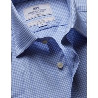 & Tailored Fit Blue & Mini Check Non Iron Shirt Short Sleeve Chest Pocket