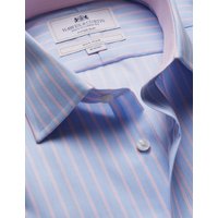 & Fitted Slim & Pink Butcher Stripe Non Iron Shirt Contrast Detail 15.5" collar 34" sleeve