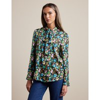 Hawes & Curtis Relaxed Fit Black & Green Floral Bloom Pussybow Blouse | Black/Green | Satin | Women's