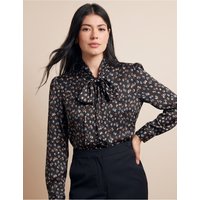 Hawes & Curtis Relaxed Fit Black & Blue Floral Pussybow Blouse | Black/Blue | Satin | Women's