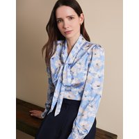 Hawes & Curtis Light Blue & White Floral Pussybow Blouse | Light Blue/White | Polyester | Women's
